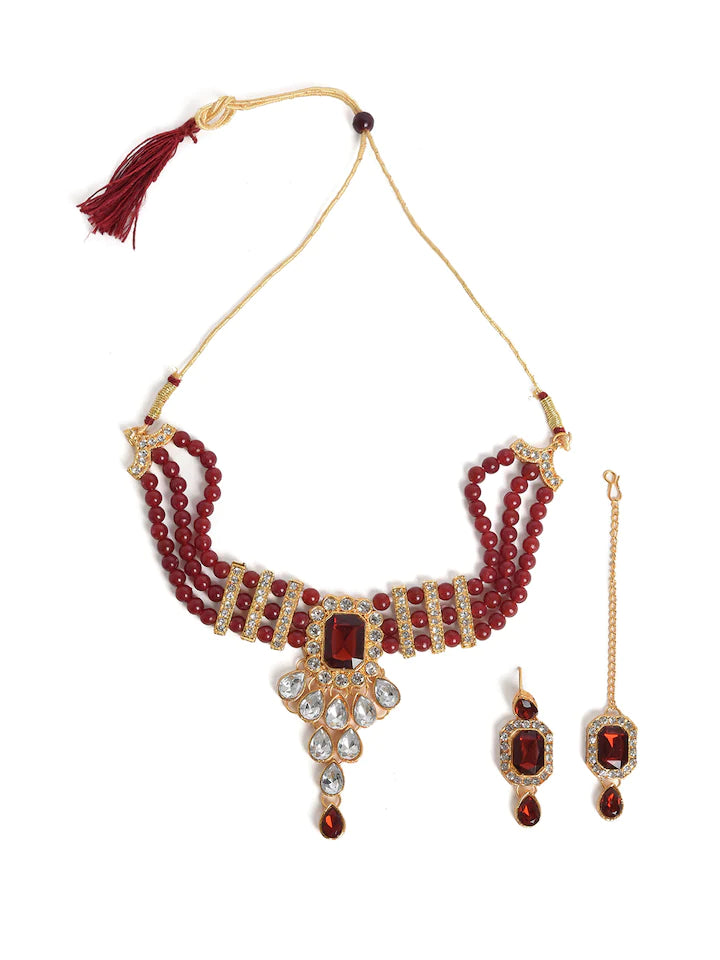 Art Jewelry Maroon and White Alloy Earring and Necklace Set