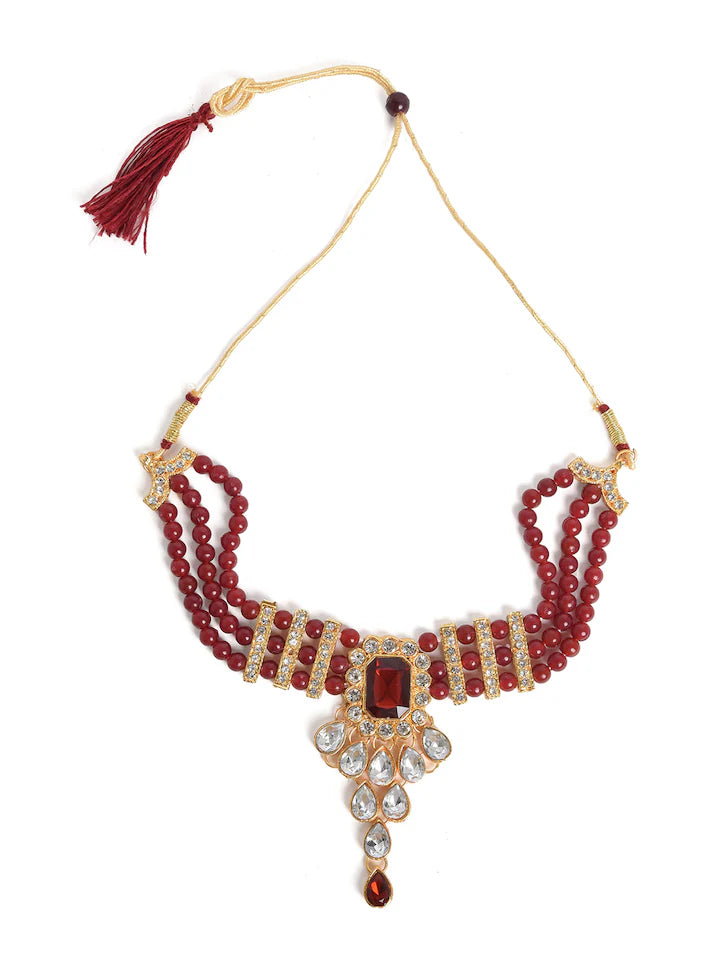 Art Jewelry Maroon and White Alloy Earring and Necklace Set