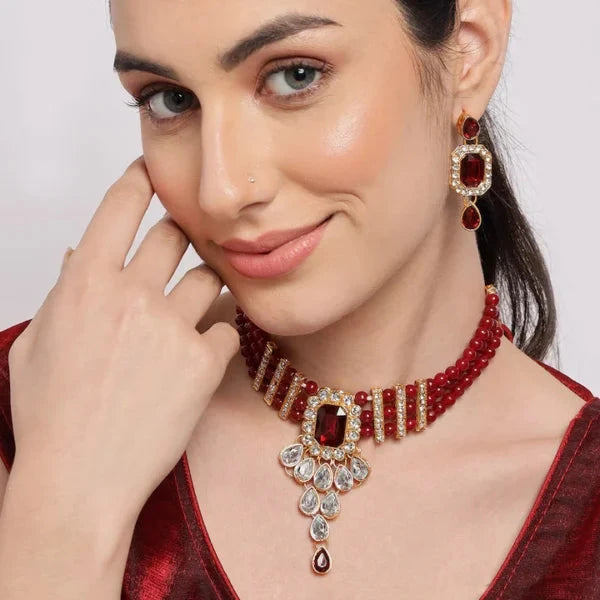 Art Jewelry Maroon and White Alloy Earring and Necklace Set